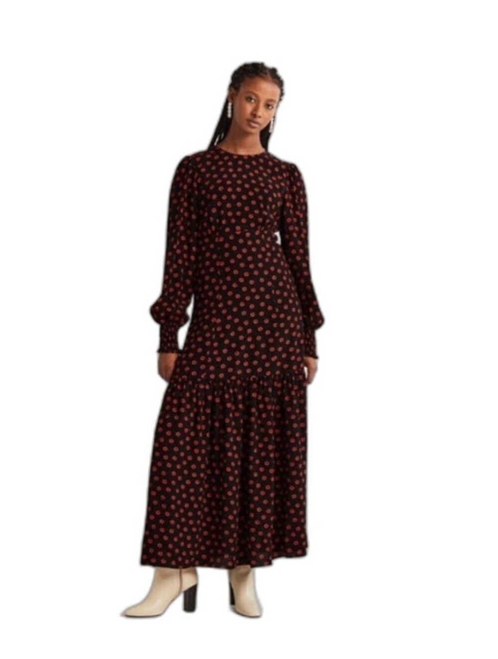 Boden Black Maxi Dress with Red Polka Dot Print - Size 14R